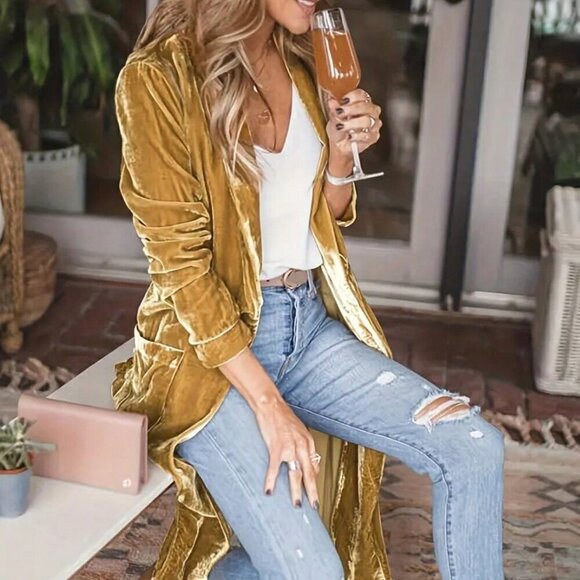 Gold Casual Women's Plush Mid-Length Coat - Picture 2 of 7